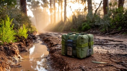 Green Camping Bag on Muddy Trail in Sunny Forest Environment
