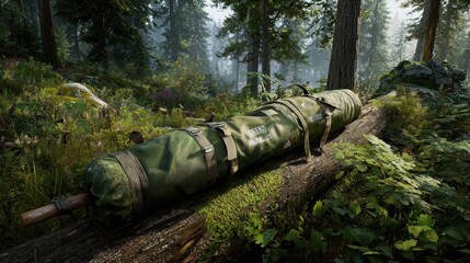 Green Camping Gear on Fallen Log in Lush Forest Setting