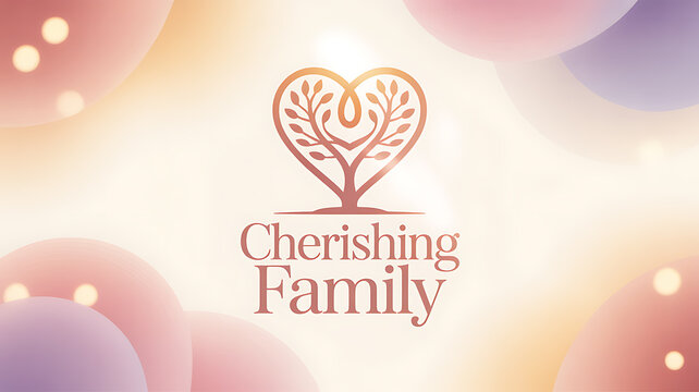 A heart-shaped tree logo with the text 'Cherishing Family' on a soft, glowing background with pastel bokeh lights.