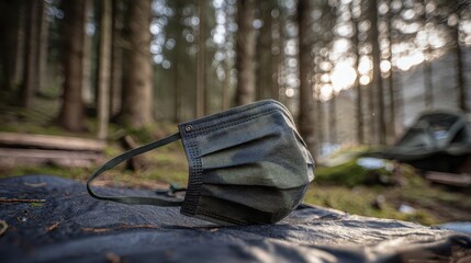 Green Face Mask on Ground in Forest During Soft Morning Light