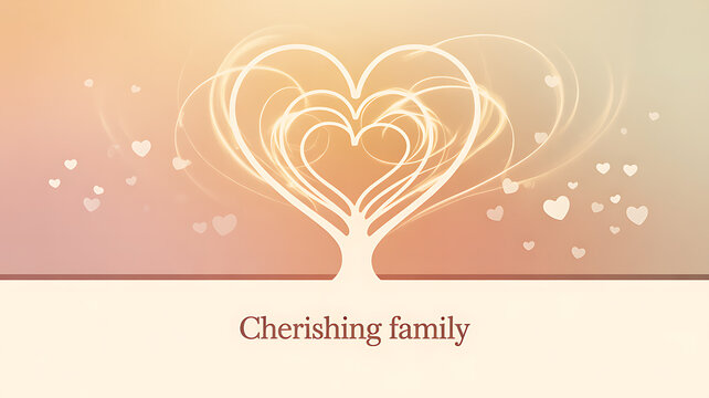 Abstract heart tree design with cherishing family text on a warm gradient background