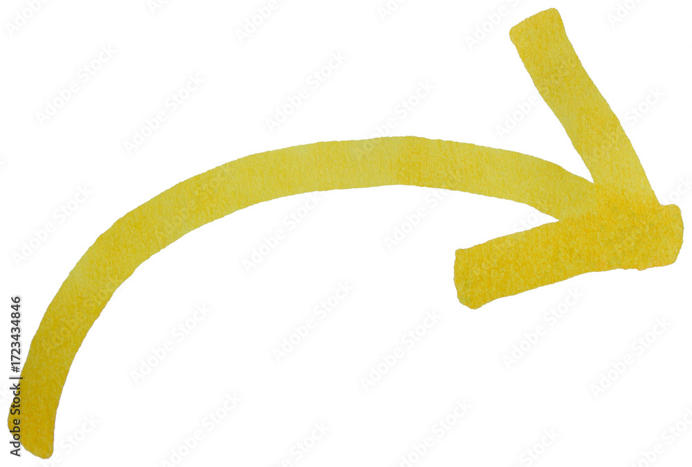 Poster hand drawn yellow arrow sketch with marker brush stroke, abstract ink pointer symbol for direction, 