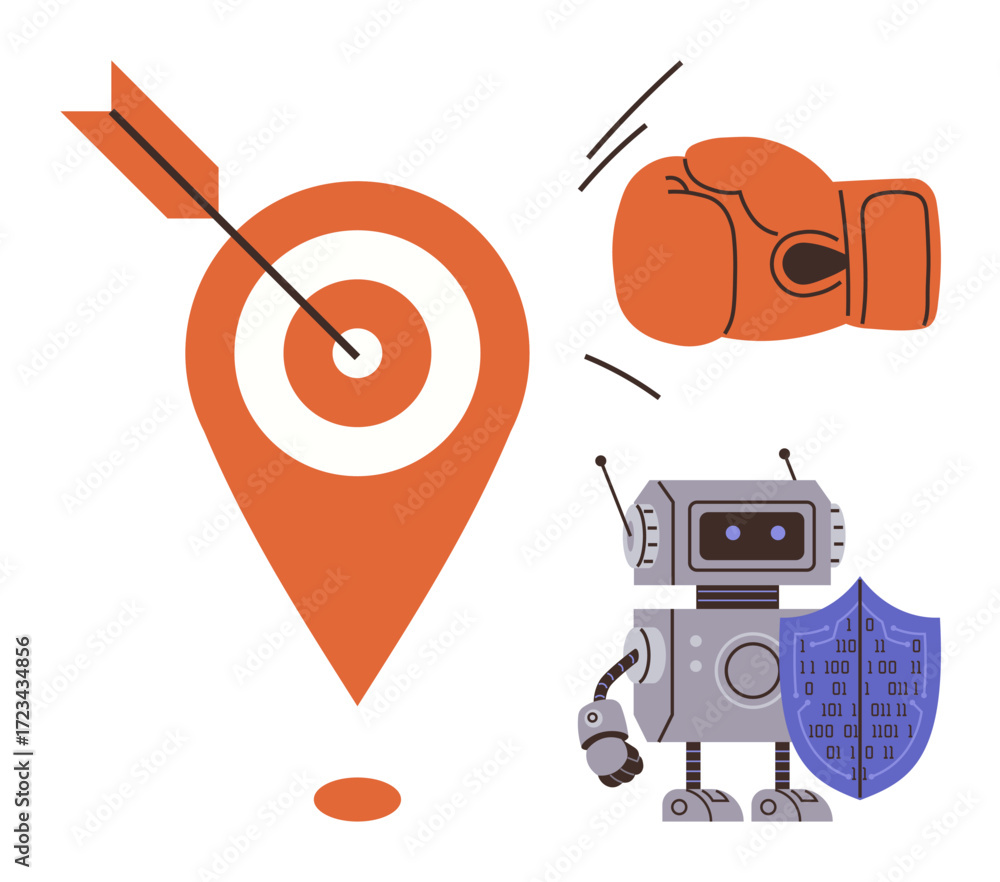 Poster target with arrow denotes precision boxing glove represents strength robotic figure with binary shie