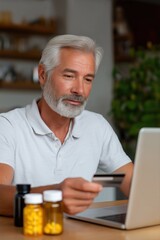 Fototapeta premium Mature caucasian male shopping online with laptop and credit card at home