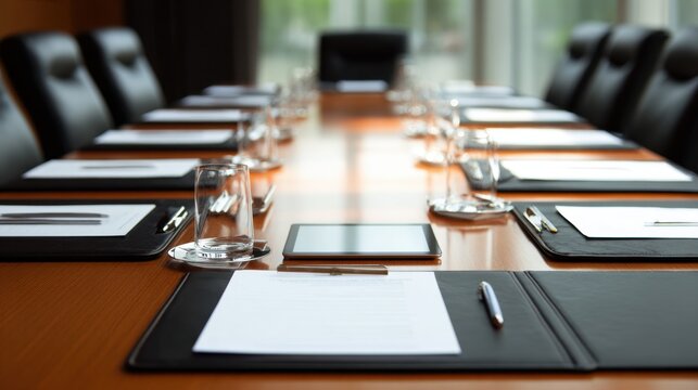 Professional conference room setup with empty table, modern chairs, and technology ready for business meeting - Powered by Adobe