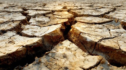 Fototapeta premium Dry and Cracked Soil Surface Under Bright Light Highlighting Drought Effects on Agriculture and Environment