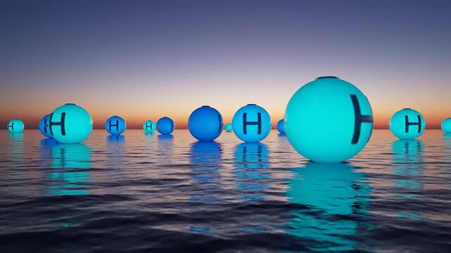 Hydrogen Energy Glowing Spheres on Calm Waters at Sunset
