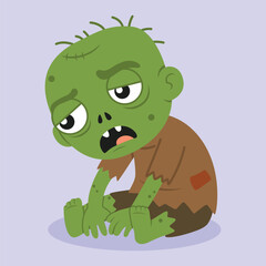 cute zombie cartoon character posing sitting on the ground, looking tired
