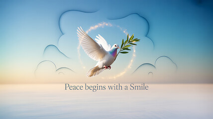 A white dove carrying an olive branch flies against a serene sky with a glowing heart-shaped aura, symbolizing peace and harmony.