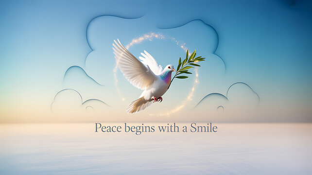 A white dove carrying an olive branch flies against a serene sky with a glowing heart-shaped aura, symbolizing peace and harmony.