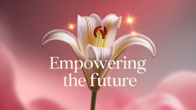 A white lily with glowing highlights and the text 'Empowering the future' against a soft pink background - Powered by Adobe