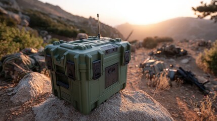 Green Military Storage Box on Rocky Terrain During Sunset