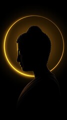 Tranquility of Enlightenment: Silhouette of a Buddha statue, radiating serenity against a backdrop of golden light, symbolizing inner peace and spiritual awakening.