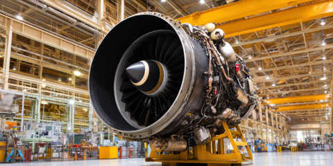  large airplane jet engine is showcased on a stand inside a manufacturing facility, highlighting its intricate design and engineering.