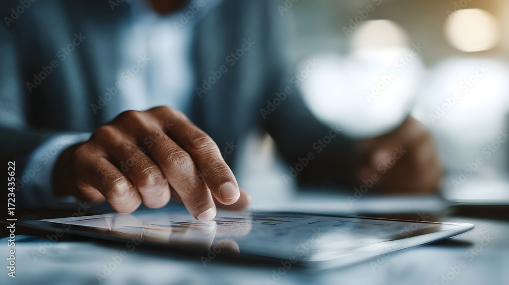 Poster close up of a hand interacting with a tablet displaying financial charts and data