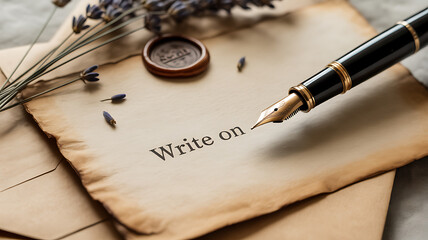 Fountain pen poised above aged parchment with 'Write on' text, wax seal, and dried lavender