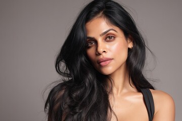 Fototapeta premium A charming woman with long hair posing gently, showing her elegant appearance and soft temperament, suitable for portrait themes that highlight personal charm and graceful style.