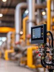  close-up of a digital control screen in a modern industrial facility with yellow piping in the background, highlighting advanced technology and machinery.
