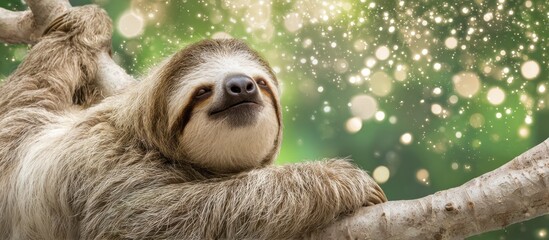 Fototapeta premium Smiling sloth on branch, with blurred bokeh lights behind