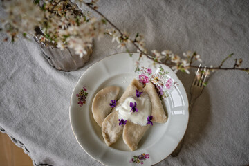 Dumplings with blueberry filling with addition of cream on a white plate, top view. A white cherry branches in blossom period with white flowers and fresh green leaves in glass vase on a white table