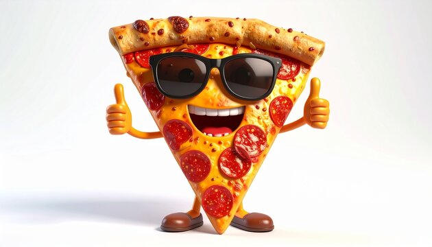 Cartoon pizza slice character wearing sunglasses, smiling, and giving two thumbs up on a white background.