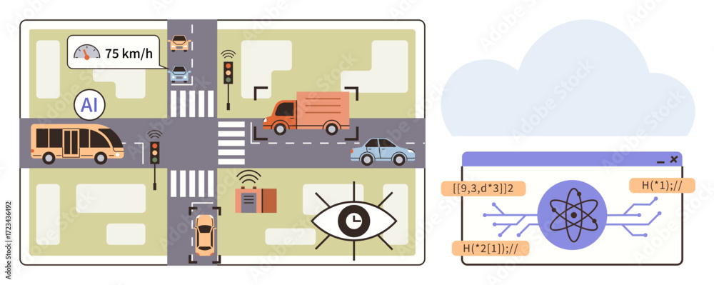 Aufkleber vehicles pass through ai-managed intersection with integrated sensors tracking speed and signals. id