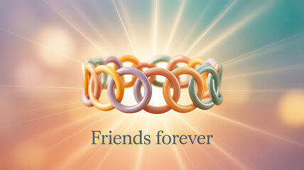 Naklejka premium Interlocking colorful rings with radiant background and text 'Friends forever'