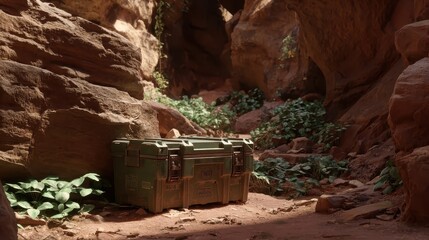 Green Storage Box in a Serene Canyon Surrounded by Nature