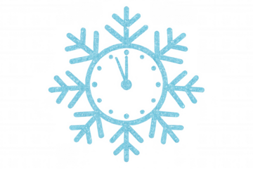 Snowflake clock showing midnight, twinkling glitter effect, counting down to new year celebration, transparent background