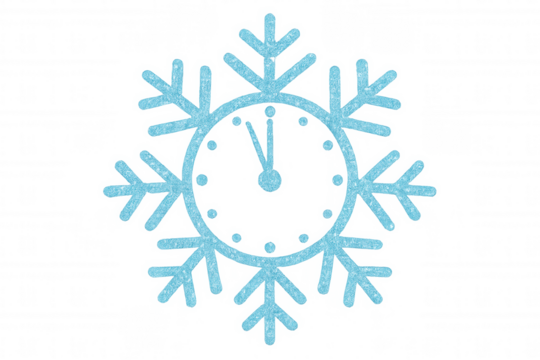 Snowflake clock showing midnight, twinkling glitter effect, counting down to new year celebration, transparent background