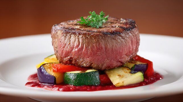 Elegant gourmet steak dish served on a white plate with vibrant grilled vegetables and rich berry sauce, creating a stunning visual presentation for culinary delights.