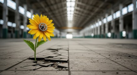 Single Sunflower Grows Through Cracked Concrete Floor of Abandoned Warehouse