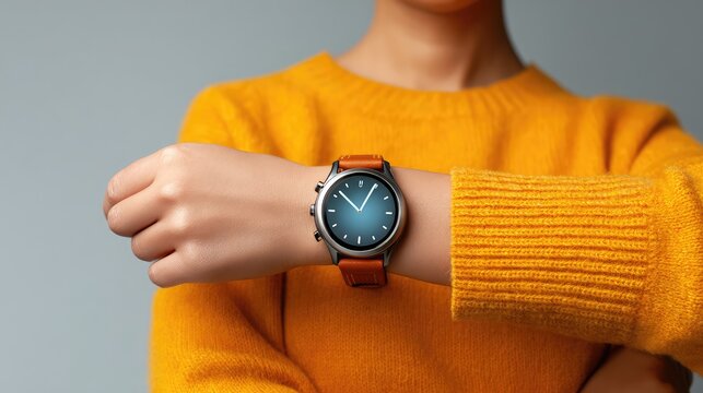 Stylish Wristwatch with Blue Dial and Brown Leather Strap on Young Person&rsquo;s Arm Against Gray Background in Trendy Orange Sweater