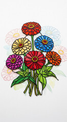 Colorful zinnia flower bouquet illustration with stained glass style, vibrant petals, green leaves, and artistic watercolor background, evoking cheerful and lively emotion