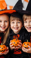 Smiling children in Halloween costumes hold carved pumpkins Close-up shot showcasing joy and festivity of the holiday