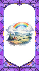 Stained glass border rainbow countryside house hills clouds colorful landscape peaceful whimsical scene. small house sits rolling hills vibrant rainbow surrounded by clouds and green fields