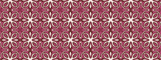 Elegant repeating pattern of stylized floral motifs in deep rose and cream hues.