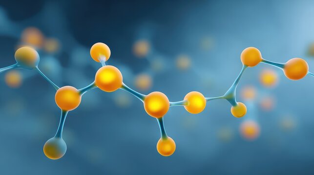 Abstract Molecular Structure with Colorful Atoms Representing Chemical Bonds and Scientific Concepts in a Blurred Blue Background