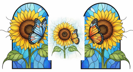 Sunflower butterfly stained glass blue yellow floral nature decorative vibrant symmetrical cheerful artistic summer garden leaf petal window design illustration colorful bright pattern mosaic