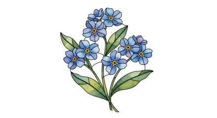 Blue flower illustration, delicate botanical drawing, green leaves, simple floral design, hand drawn style, isolated on white background, cheerful and fresh mood