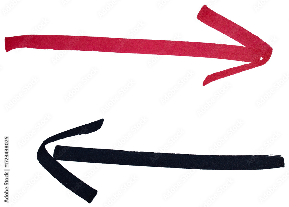 Poster hand drawn red and black arrow sketch with marker brush stroke, abstract ink pointer symbol for dire