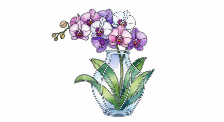 Purple orchid flower, white orchid flower, and green leaves in transparent glass vase, digital illustration with stained glass style, elegant and peaceful home decor art