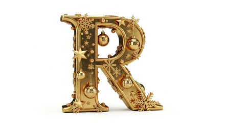 Golden letter R decorated with Christmas ornaments, snowflakes, and stars, festive and elegant design for holiday celebration, isolated on white background