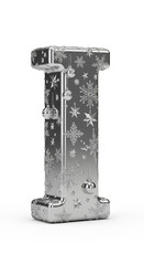Silver metallic letter I decorated with snowflake and star patterns, festive Christmas ornament balls, isolated on white background, winter holiday theme, cheerful and elegant seasonal design