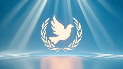 White dove with olive branches on a blue background illuminated by radiant light