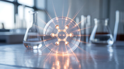 A glowing molecular structure is displayed on a laboratory table with beakers in the background.