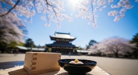 Traditional Japanese Sweets Under Cherry Blossoms Near a Temple