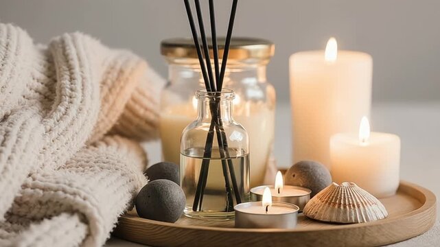 Cozy home ambiance with scented reed diffuser, candles, and soft knit blanket on tray