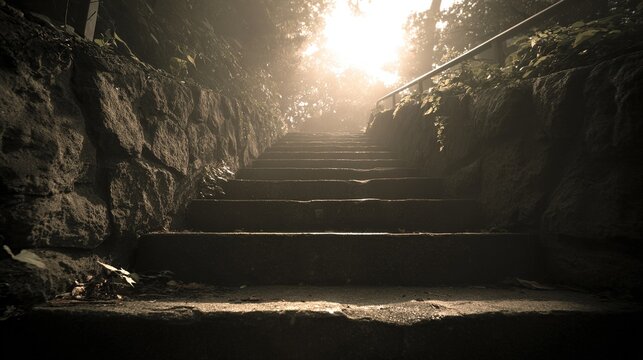 ascent. Stone staircase bathed in sunlight, creating a dramatic contrast with atmospheric haze and a low-angle view. real-estate listings.