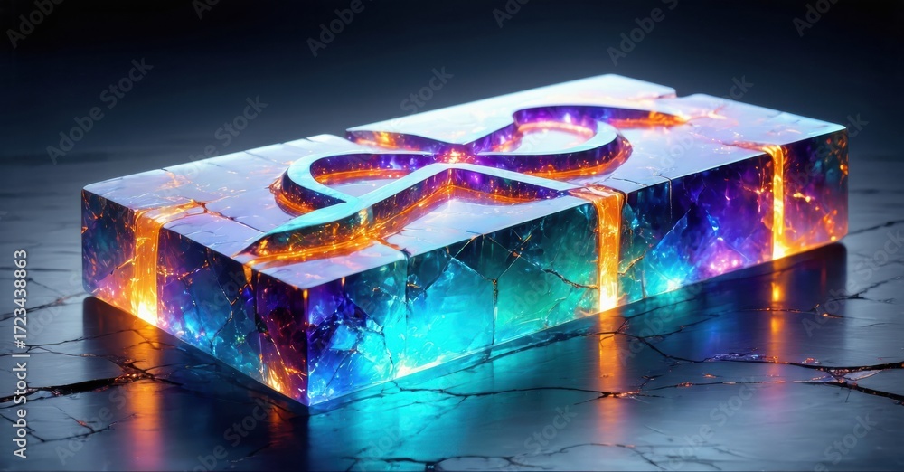 Poster vibrant rectangular prism. glowing symbol embedded within crystalline structure. fractured surface, 